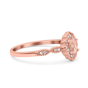Halo Vintage Floral Art Deco Wedding Ring Oval Rose Tone, Simulated Morganite CZ 925 Sterling Silver